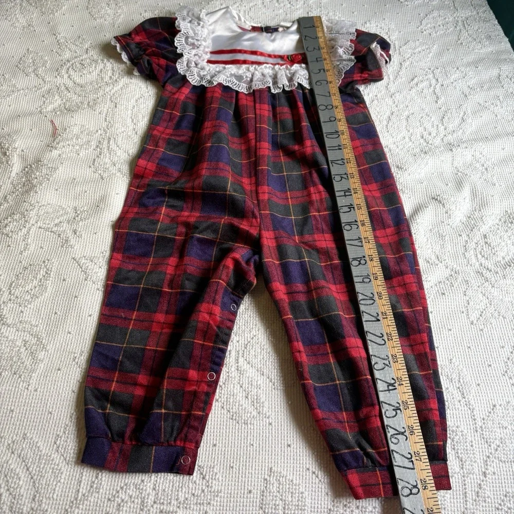 VTG Romper Flannel Jumpsuit‎ With Lacy Collar Sz 24 Mo Red Plaid